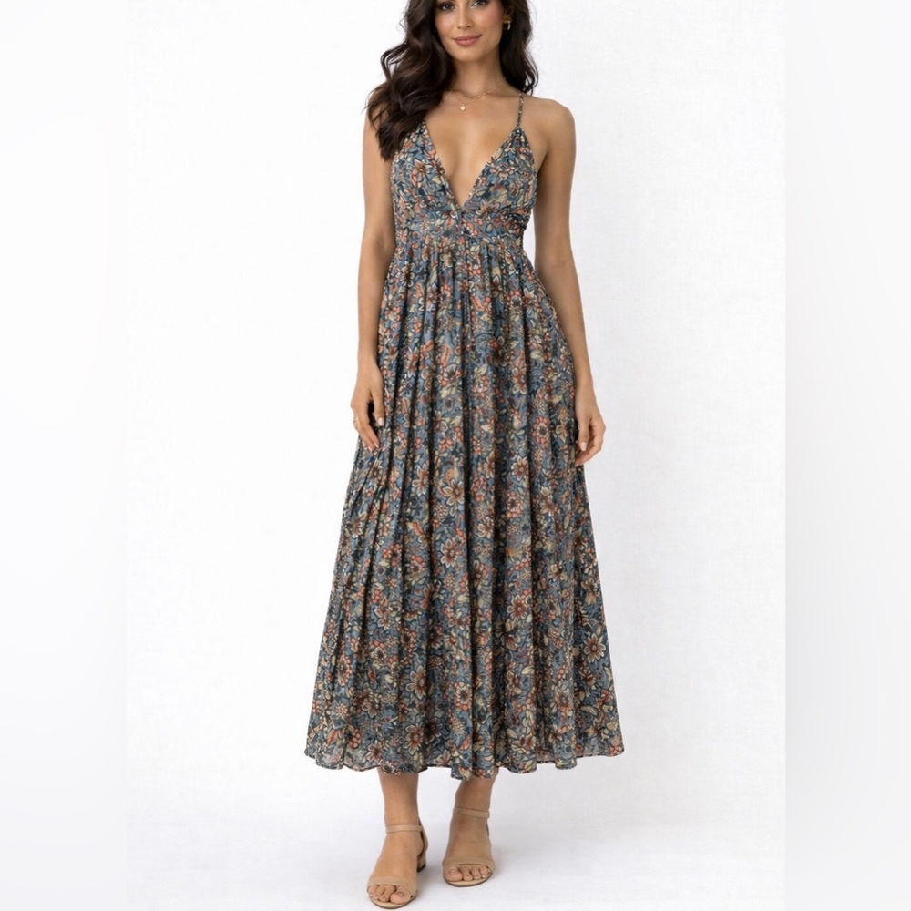 Blush Blue Floral Halter Smocked Maxi Dress with Rust Accents